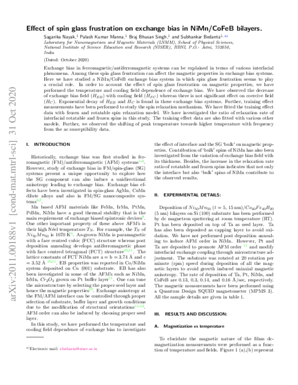 (PDF) Effect of spin glass frustration on exchange bias in NiMn/CoFeB