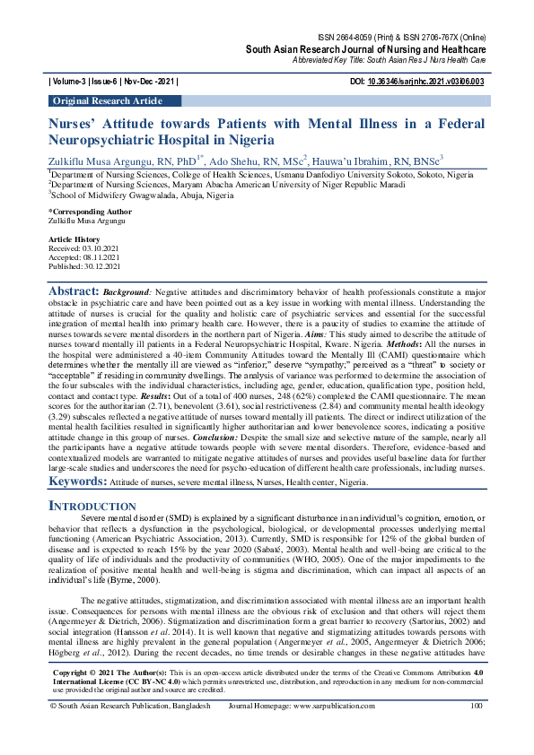 (PDF) Nurses' Attitude towards Patients with Mental Illness in a ...