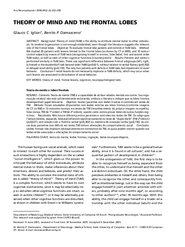 (PDF) Theory of mind and the frontal lobes