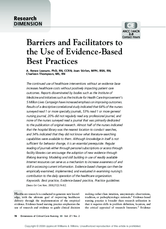 (PDF) Barriers and Facilitators to the Use of Evidence-Based Best Practices
