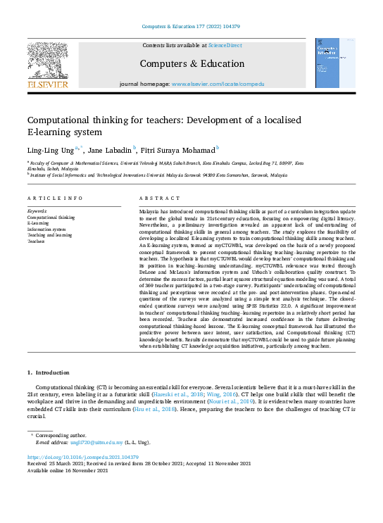 (PDF) Computational thinking for teachers: Development of a localised E ...
