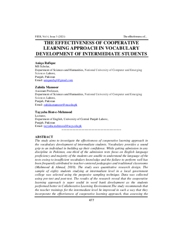 (PDF) The Effectiveness of Cooperative Learning Approach in Vocabulary ...