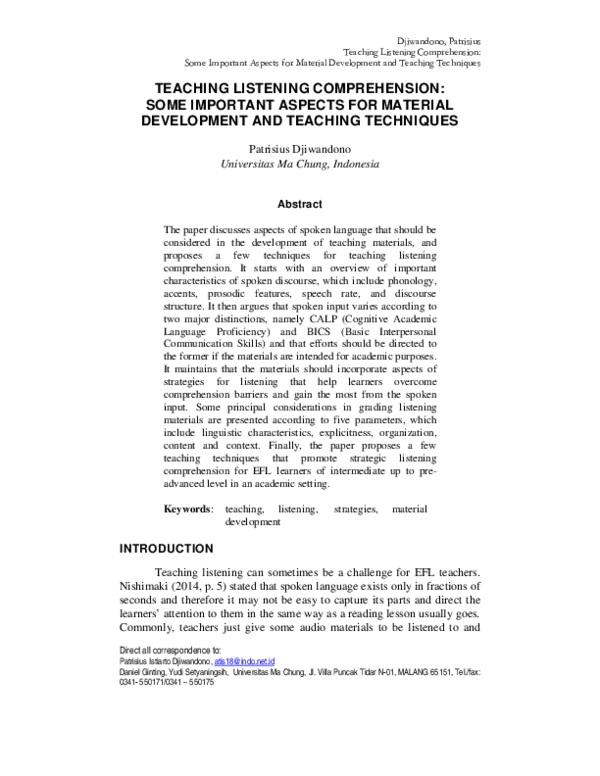 (PDF) Teaching Listening Comprehension Some Important Aspects for