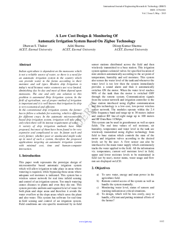 (PDF) A Low Cost Design & Monitoring Of Automatic Irrigation System