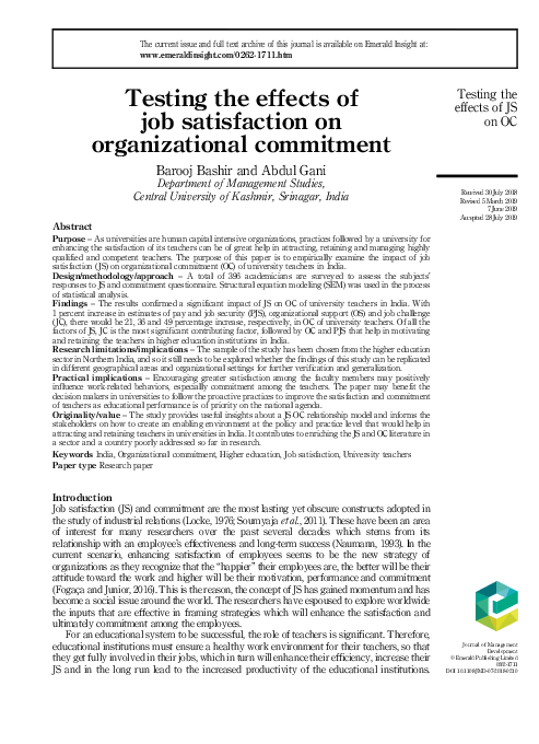 (PDF) Testing the effects of job satisfaction on organizational commitment