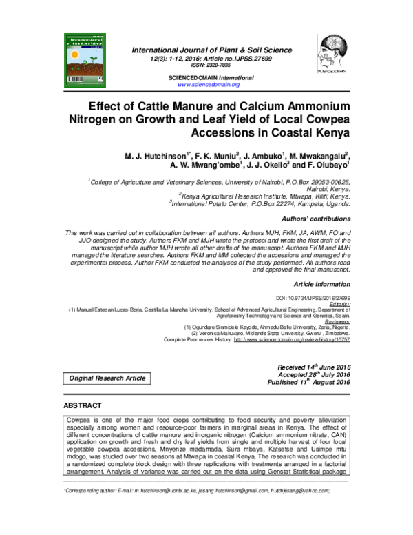 (PDF) Effect of Cattle Manure and Calcium Ammonium Nitrogen on Growth ...
