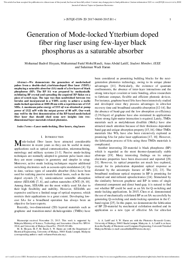 (PDF) Generation of Mode-locked Ytterbium doped fiber ring laser using ...