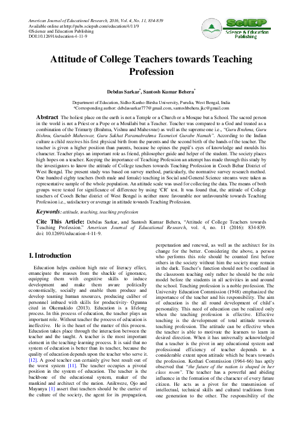 (PDF) Attitude of College Teachers towards Teaching Profession
