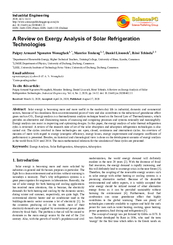 (PDF) A Review on Exergy Analysis of Solar Refrigeration Technologies