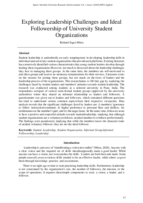 (PDF) Exploring Leadership Challenges and Ideal Followership of University Student Organizations
