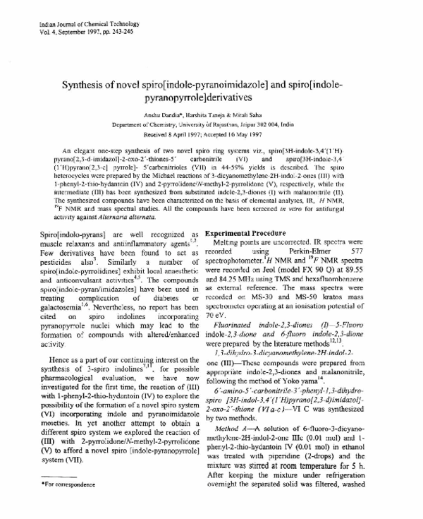 (PDF) Synthesis of novel spiro[indole-pyranoimidazole] and spiro ...