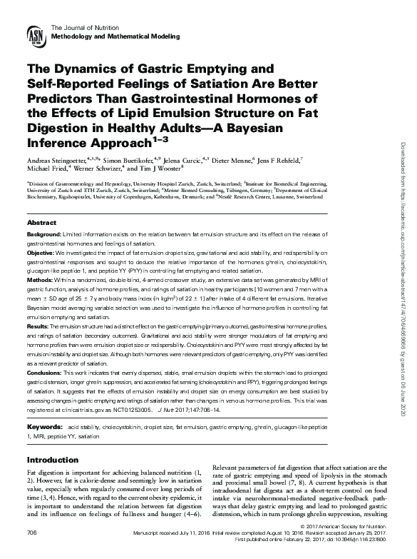 (PDF) The Dynamics of Gastric Emptying and Self-Reported Feelings of ...