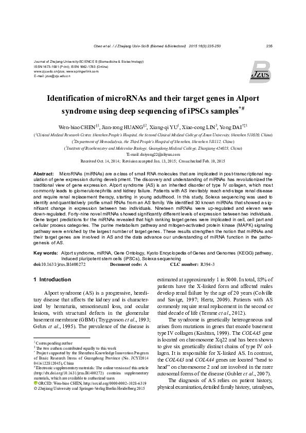 (PDF) Identification of microRNAs and their target genes in Alport ...