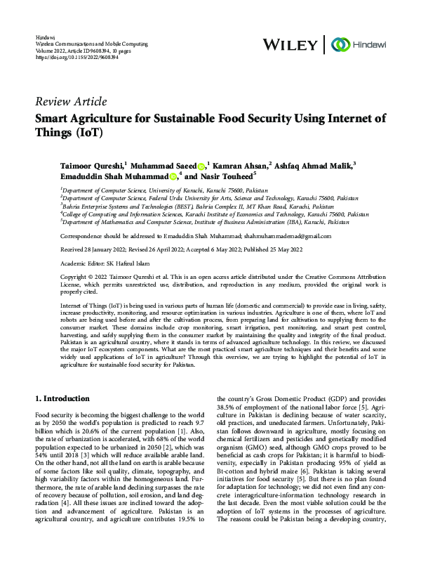 (PDF) Smart Agriculture for Sustainable Food Security Using Internet of ...
