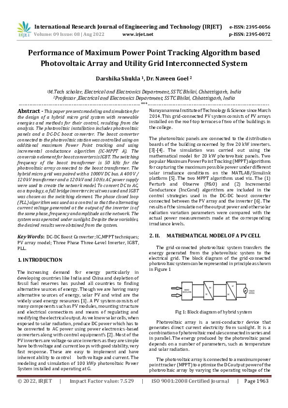 (PDF) Performance of Maximum Power Point Tracking Algorithm based ...