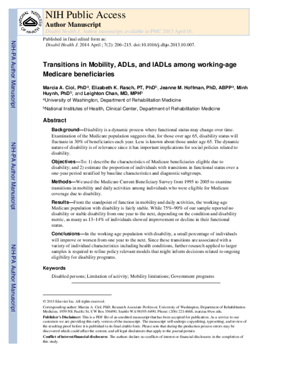(PDF) Transitions in mobility, ADLs, and IADLs among workingage Medicare beneficiaries minh