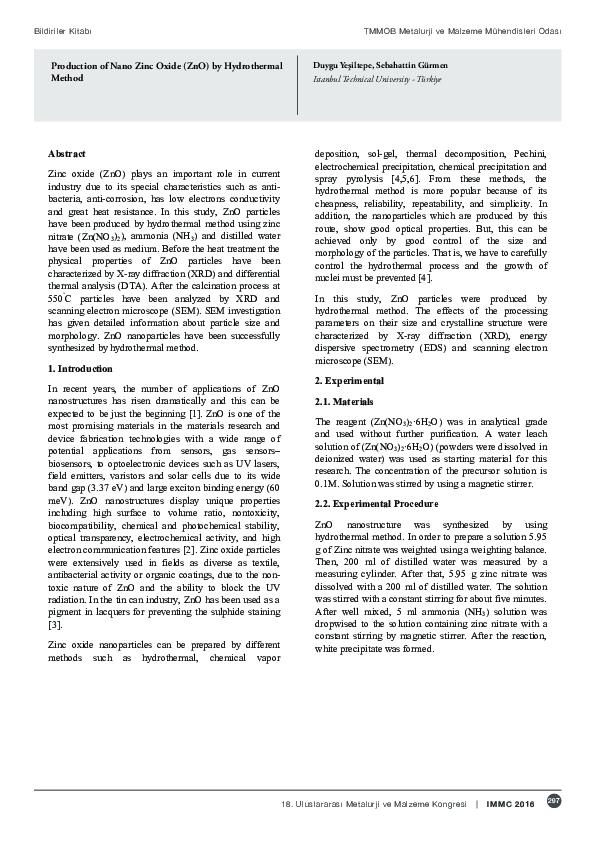 (PDF) Production of Nano Zinc Oxide ( ZnO ) by Hydrothermal Method