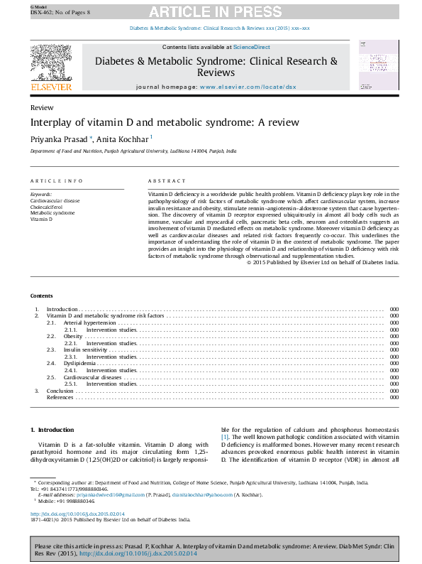 (PDF) Interplay of vitamin D and metabolic syndrome: A review