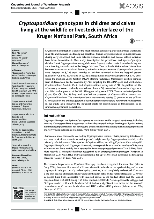 (PDF) Cryptosporidium genotypes in children and calves living at the ...