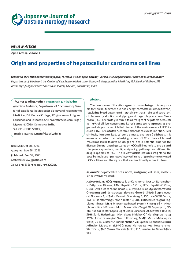 (PDF) Origin and properties of hepatocellular carcinoma cell lines