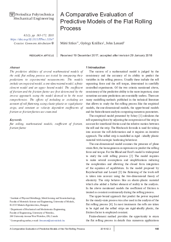 (PDF) A Comparative Evaluation of Predictive Models of the Flat Rolling ...