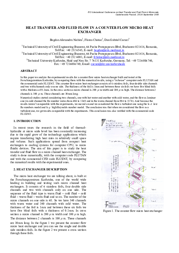 (PDF) Heat transfer and fluid flow in a counter flow micro heat exchanger