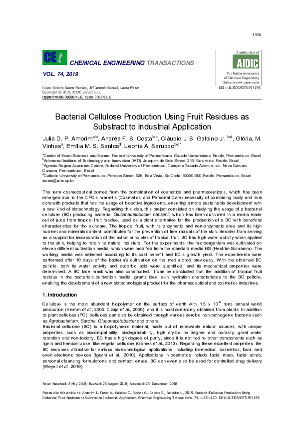 (PDF) Bacterial Cellulose Production Using Industrial Fruit Residues as ...