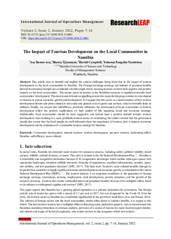 (PDF) The Impact of Tourism Development on the Local Communities in Namibia