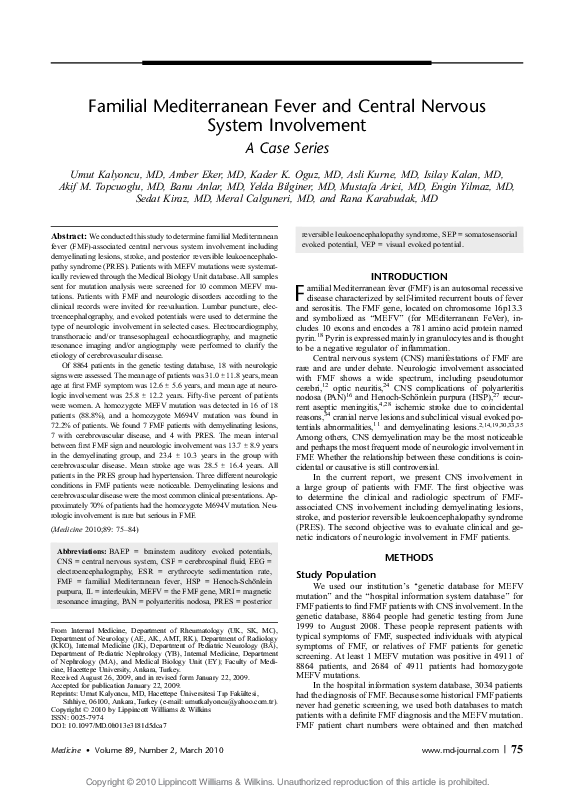 (PDF) Familial Mediterranean Fever and Central Nervous System Involvement