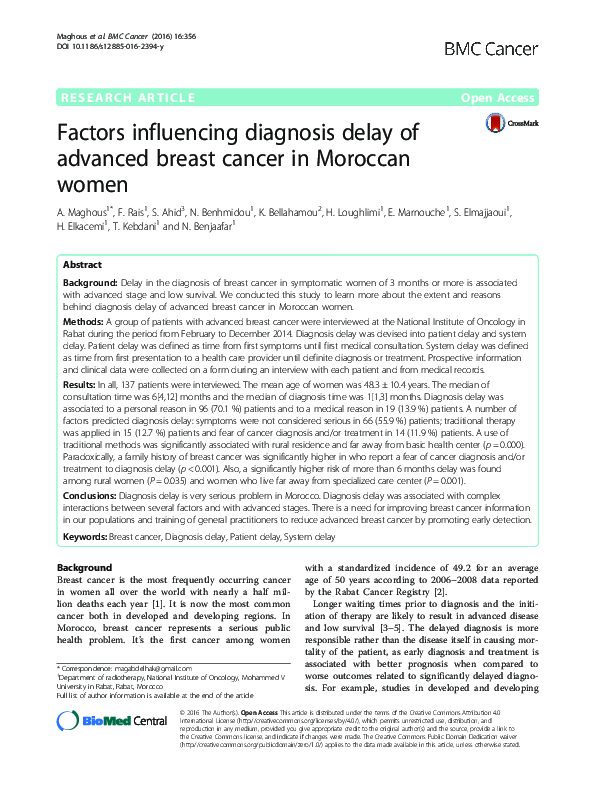 (PDF) Factors influencing diagnosis delay of advanced breast cancer in ...