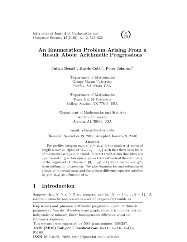 (PDF) An Enumeration Problem Arising From a Result About Arithmetic ...