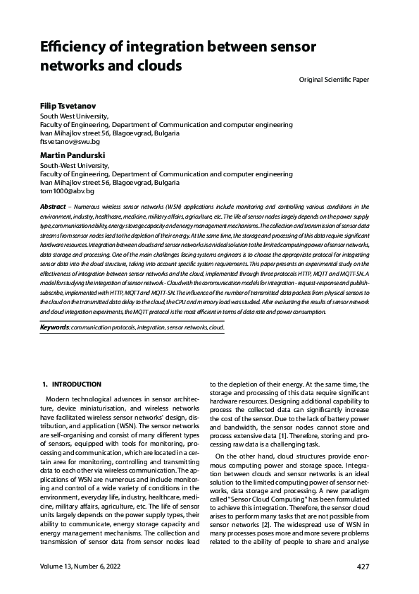 (PDF) Efficiency of integration between sensor networks and clouds