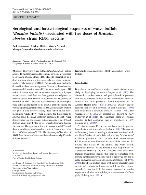 (PDF) Serological and bacteriological responses of water buffalo ...