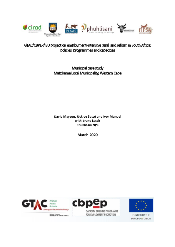 (PDF) Matzikama Local Municipality, Western Cape. Municipal case study ...