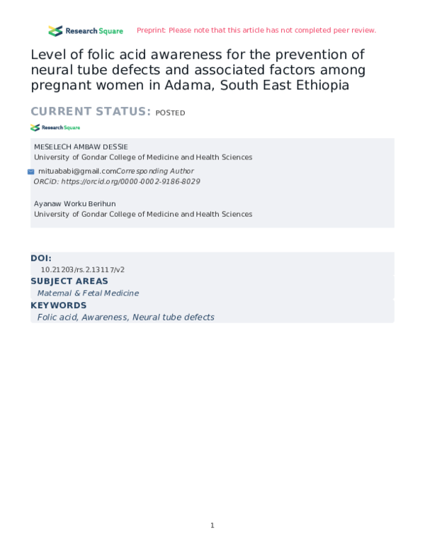 (PDF) Level of folic acid awareness for the prevention of neural tube ...