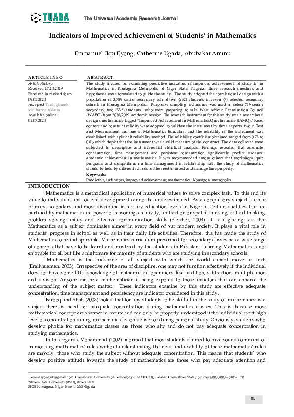(PDF) Indicators of Improved Achievement of Students’ in Mathematics