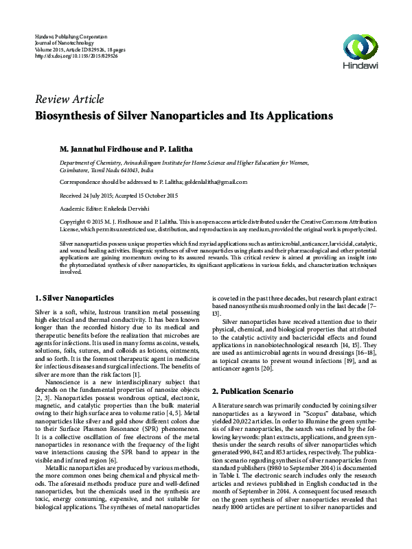 (PDF) Biosynthesis of Silver Nanoparticles and Its Applications