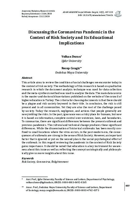 (PDF) Discussing the Coronavirus Pandemic in the Context of Risk ...