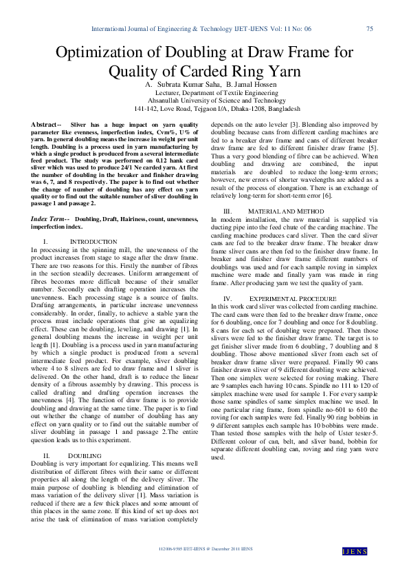 (PDF) Optimization of doubling at draw frame for quality of carded ring