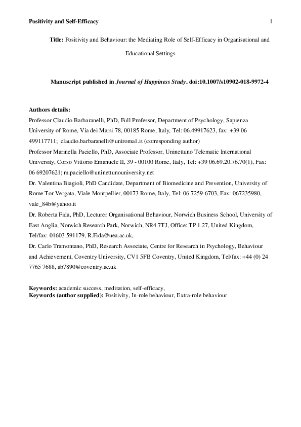 (PDF) Positivity and Behaviour: The Mediating Role of Self-Efficacy in ...