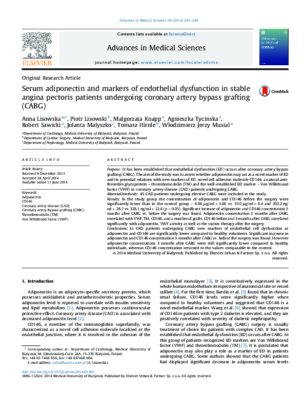 (PDF) Serum adiponectin and markers of endothelial dysfunction in ...