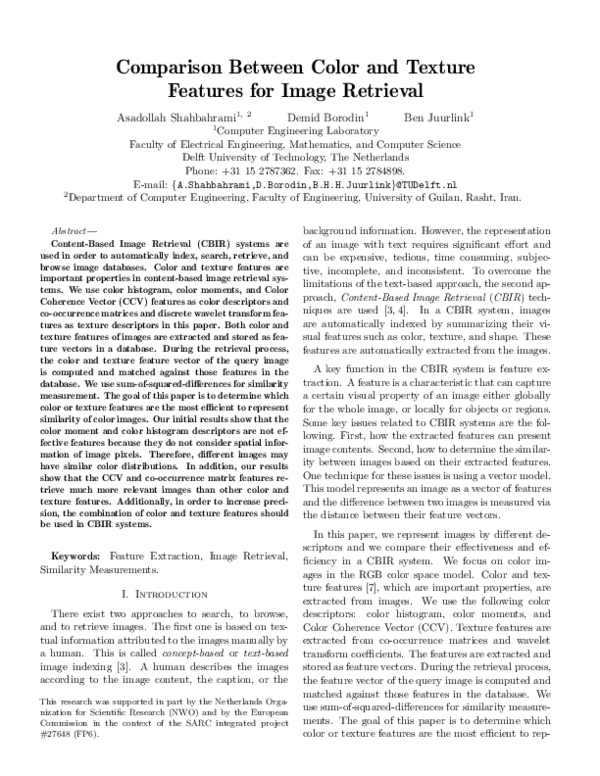 (PDF) Comparison between color and texture features for image retrieval