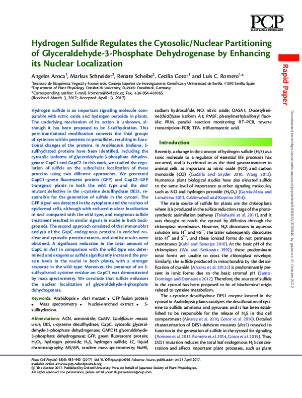 (PDF) Hydrogen Sulfide Regulates the Cytosolic/Nuclear Partitioning of ...