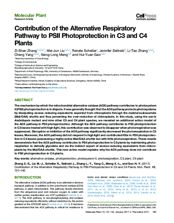 (PDF) Contribution of the alternative respiratory pathway to PSII ...