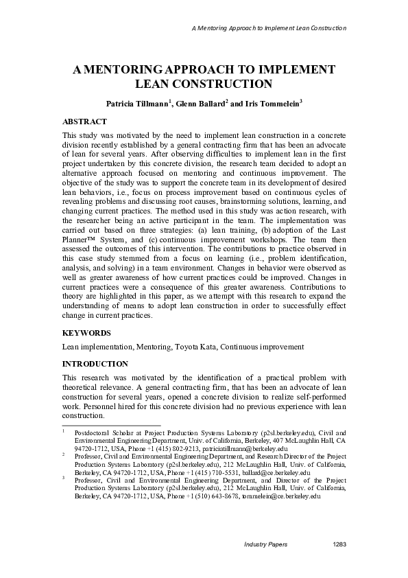 (PDF) A Mentoring Approach to Implement Lean Construction