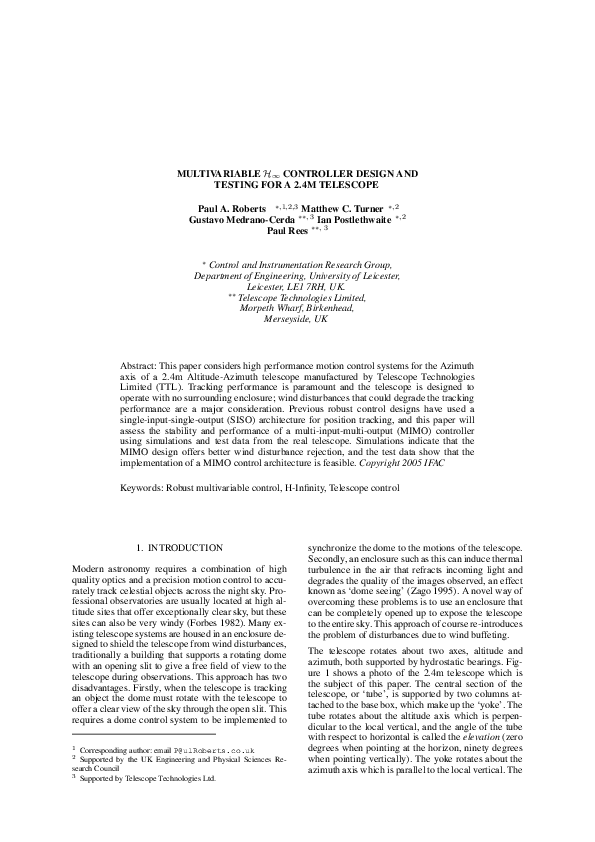 (PDF) Multivariable H˞ controller design and testing for a 2.4m telescope