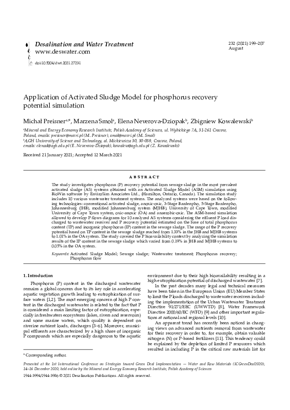 (PDF) Application of activated sludge model for phosphorus recovery ...