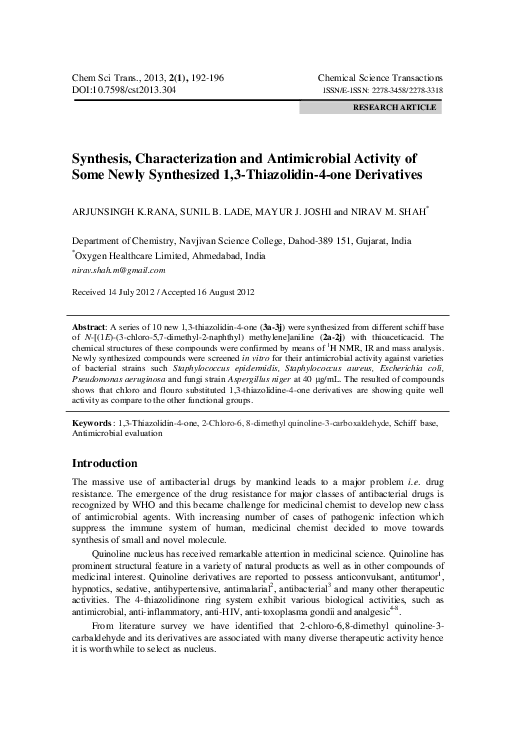 (PDF) Synthesis, Characterization and Antimicrobial Evaluation of Novel ...