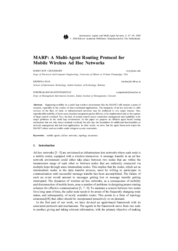 (PDF) MARP: A Multi-Agent Routing Protocol for Mobile Wireless Ad Hoc ...