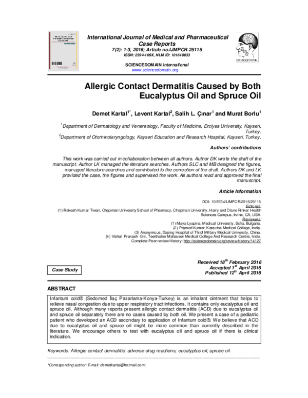 (PDF) Allergic Contact Dermatitis Caused by Both Eucalyptus Oil and Spruce Oil Murat Borlu